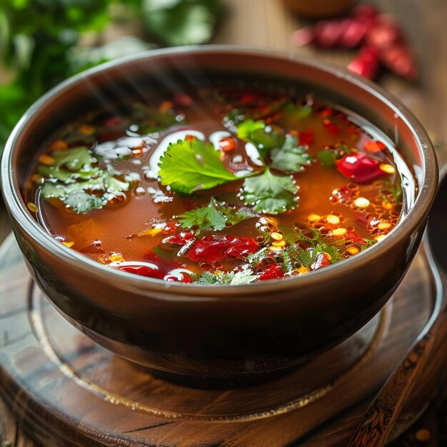 a bowl of soup with a leaf on the top