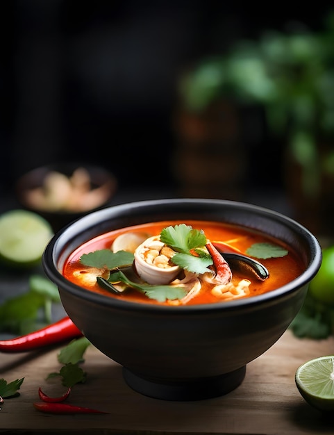 a bowl of soup with a lemon wedge on the side