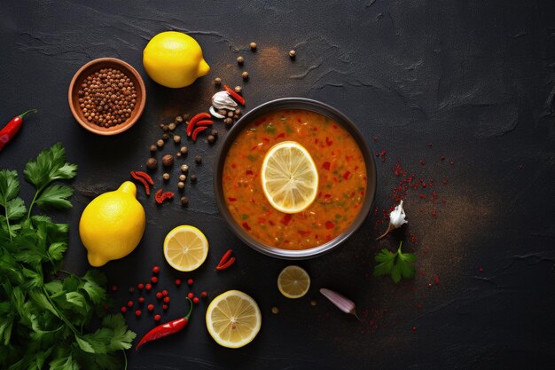 A bowl of soup with lemons and spices