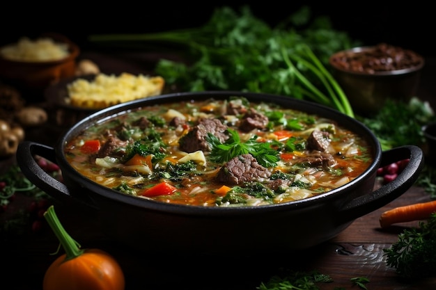 A bowl of soup with meat and vegetables AI