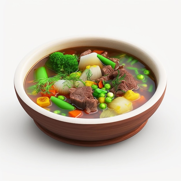 A bowl of soup with meat, vegetables, and meat.