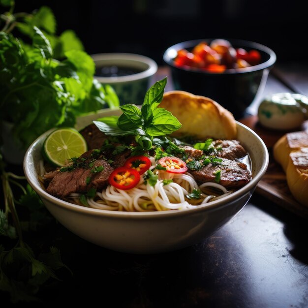 A bowl of soup with meat and vegetables