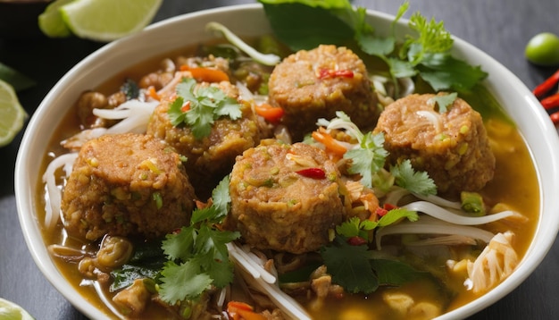 A bowl of soup with meatballs and noodles