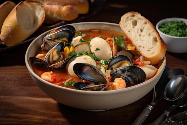 Bowl of soup with mussels clams scallops shrimp