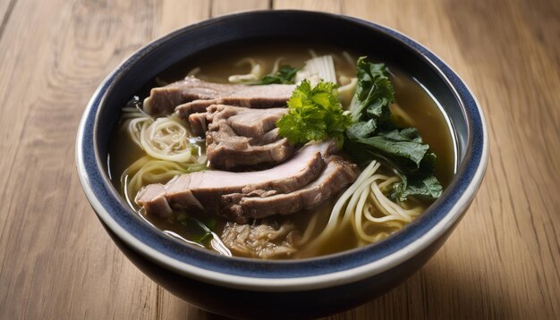 A bowl of soup with noodles and meat