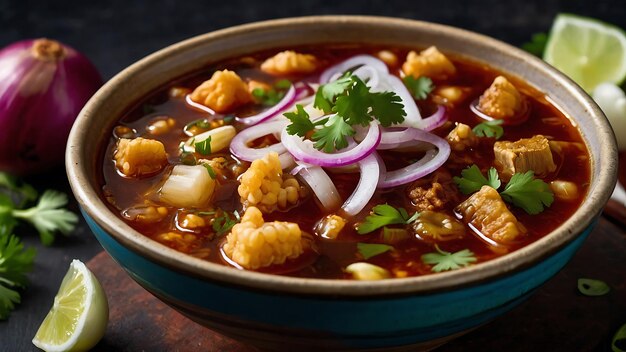 Foto una ciotola di zuppa con cipolla e cipolla sopra