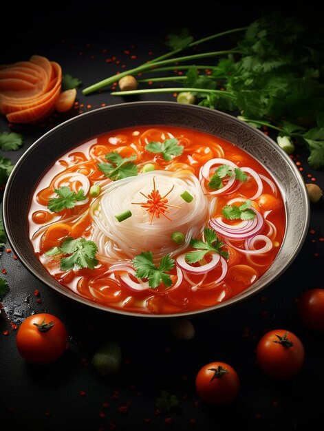 a bowl of soup with onions and tomatoes