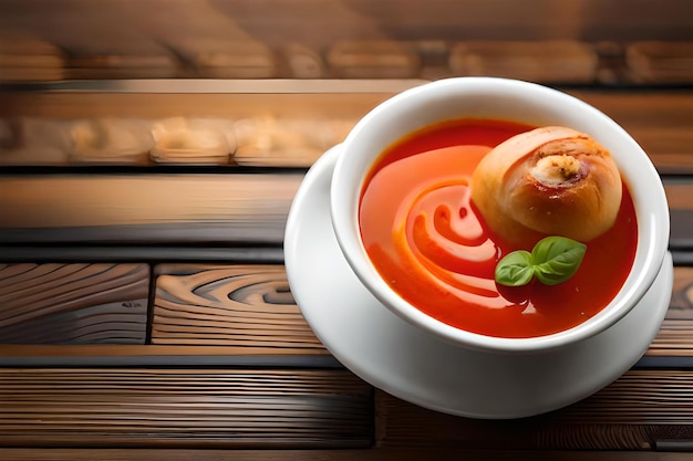 a bowl of soup with a pastry in it