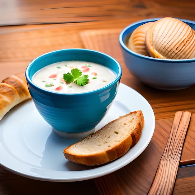 A bowl of soup with a piece of bread next to it