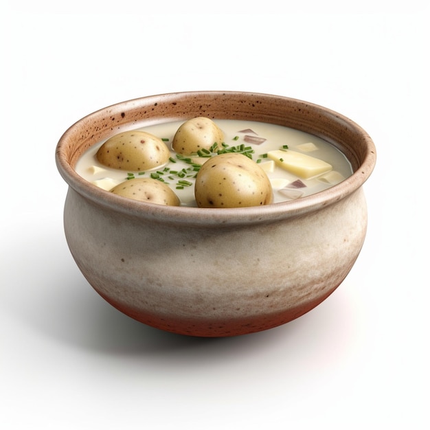 A bowl of soup with potatoes and green herbs.