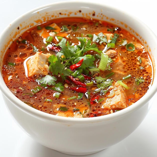 a bowl of soup with a red pepper and parsley