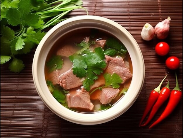 A bowl of soup with a red pepper and a red pepper