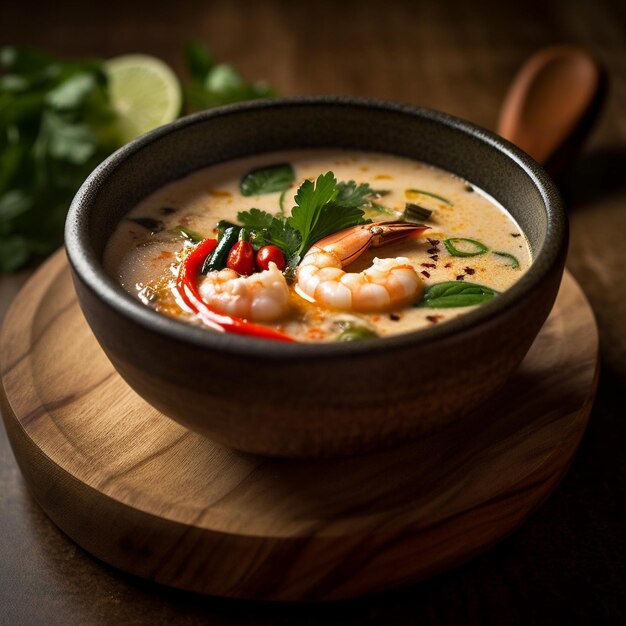 Photo a bowl of soup with shrimp and a lime wedge on the side.