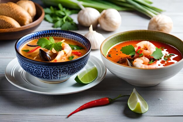 Photo a bowl of soup with shrimp and a lime wedge on the table.