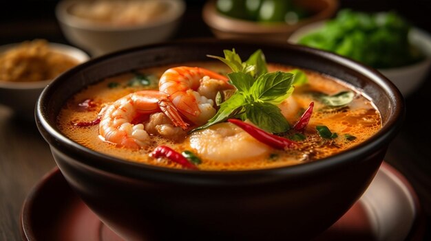 a bowl of soup with shrimp and rice and a spoon.