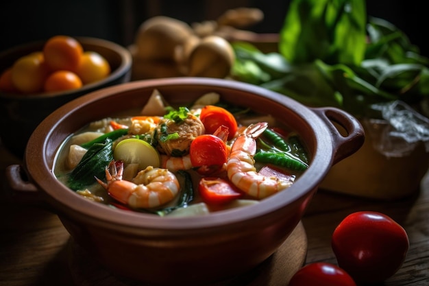 Тарелка супа с креветками и овощами — генеративное изображение ai