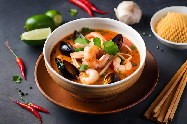 A bowl of soup with shrimp and vegetables on a table