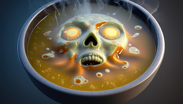 A bowl of soup with a skull on it