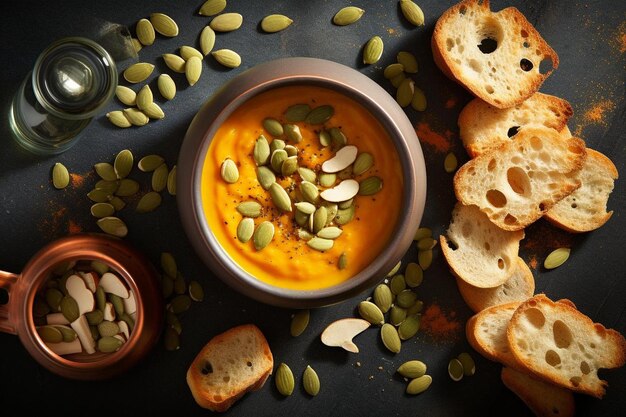 Photo a bowl of soup with a slice of bread in it