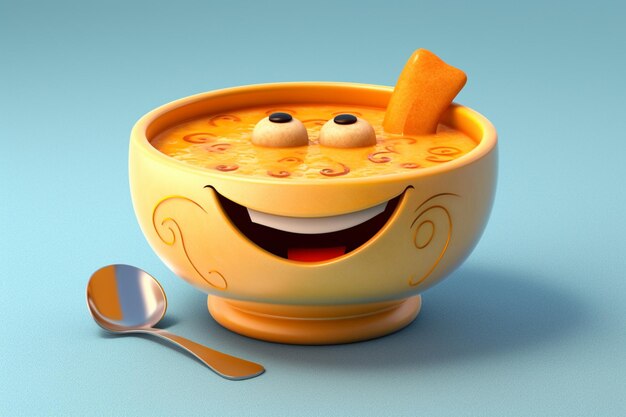 Photo a bowl of soup with a smiling face and a spoon next to it.