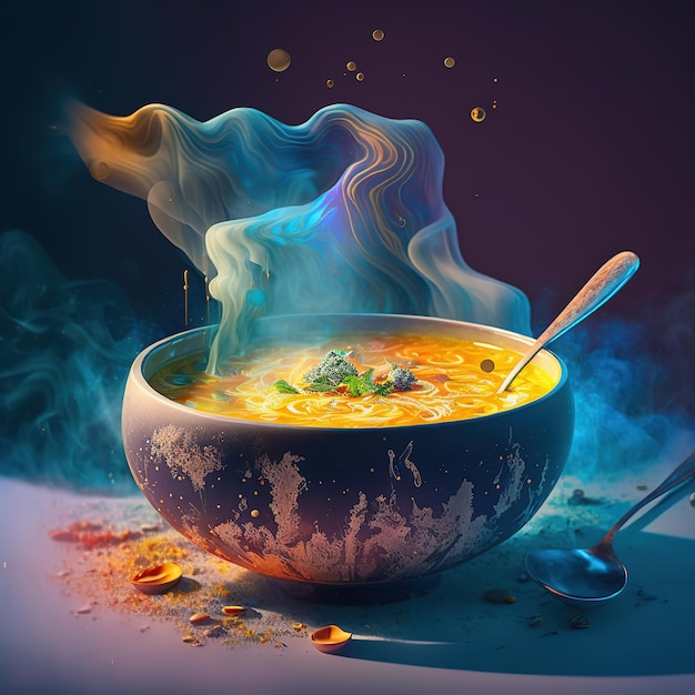 A bowl of soup with a smokey liquid coming out of it.