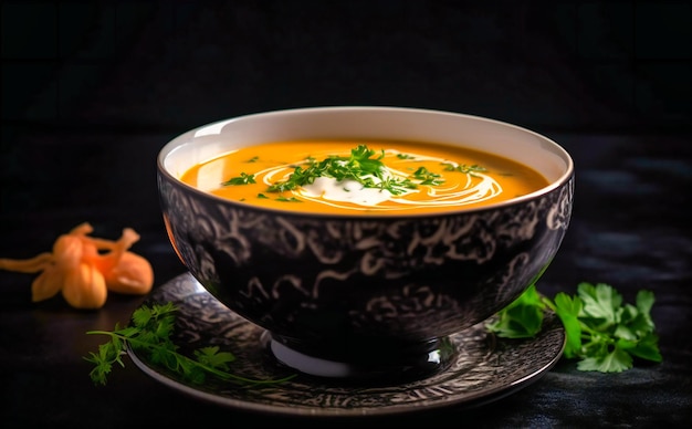 A bowl of soup with sour cream and herbs