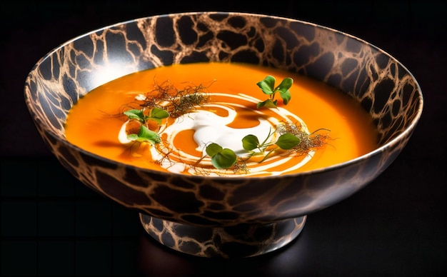 A bowl of soup with sour cream and herbs