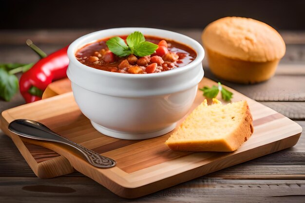 A bowl of soup with a spoon next to a bowl of beans.