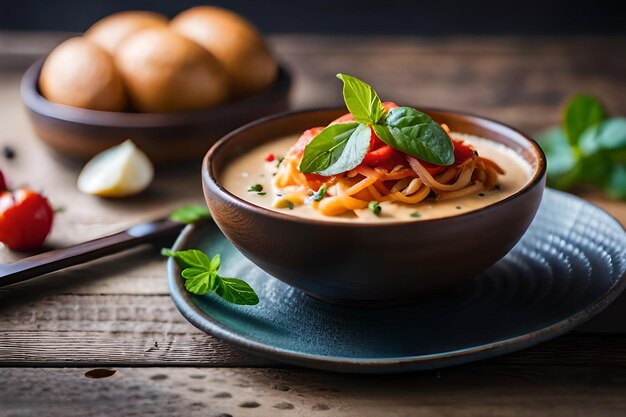 a bowl of soup with a spoon and bread on the table