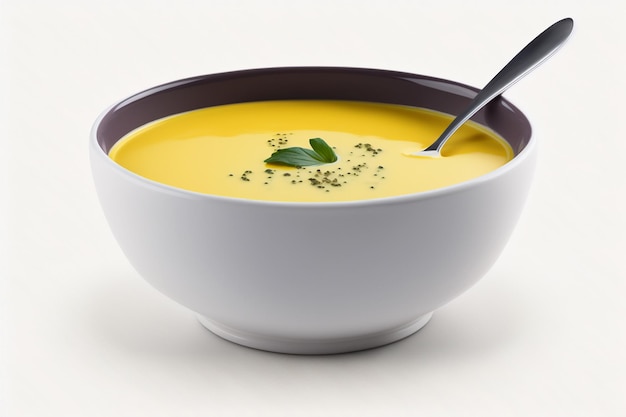 白い背景のイラスト画像に分離されたスプーンを入れたスープのボウル