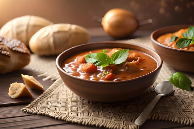 A bowl of soup with a spoon next to it