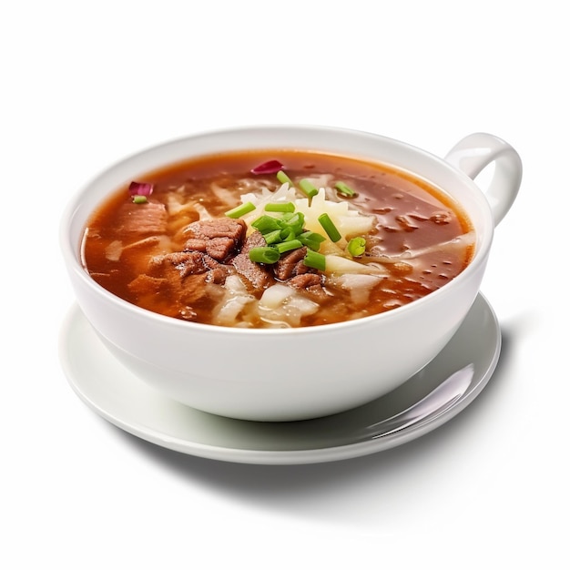 A bowl of soup with a spoon on a plate