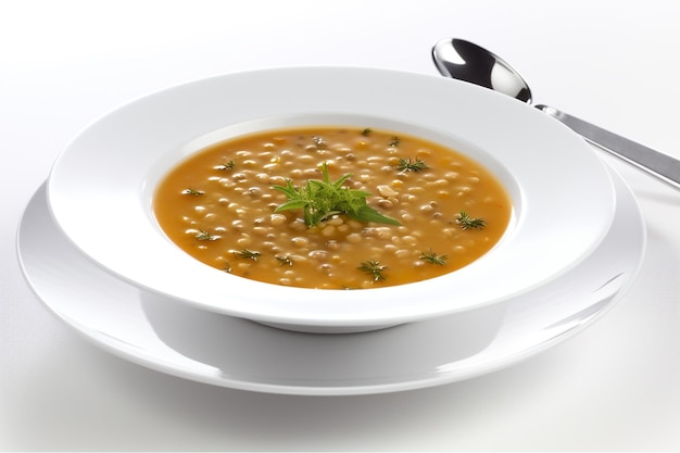 A bowl of soup with a spoon on the side