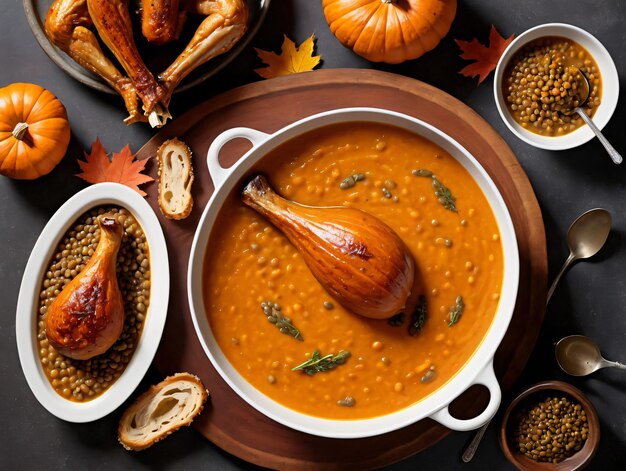 A Bowl Of Soup With A Spoon And Some Pumpkins