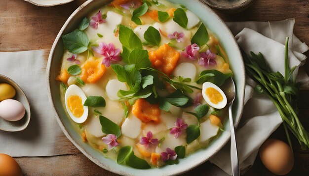 Photo a bowl of soup with a spoon and a spoon in it