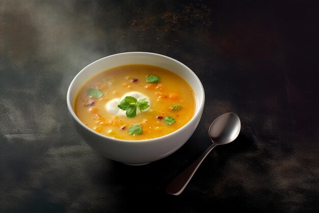 A bowl of soup with a spoon and spoon on a table.