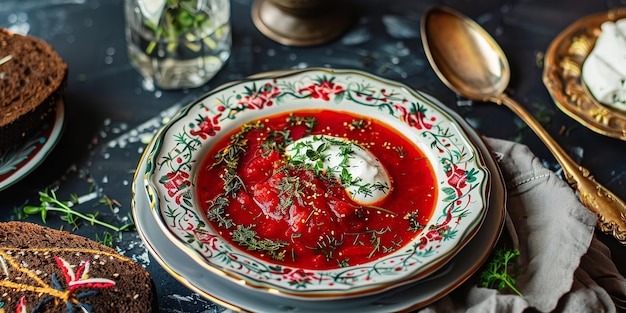 Photo a bowl of soup with a spoon and spoons next to it