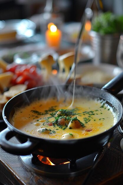 Photo a bowl of soup with a spoon sticking out of it