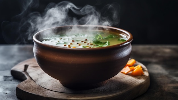 A bowl of soup with steam rising from the top.