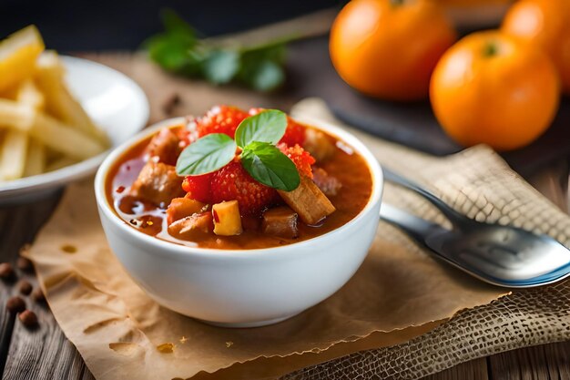 Foto una ciotola di zuppa con fragole e arance