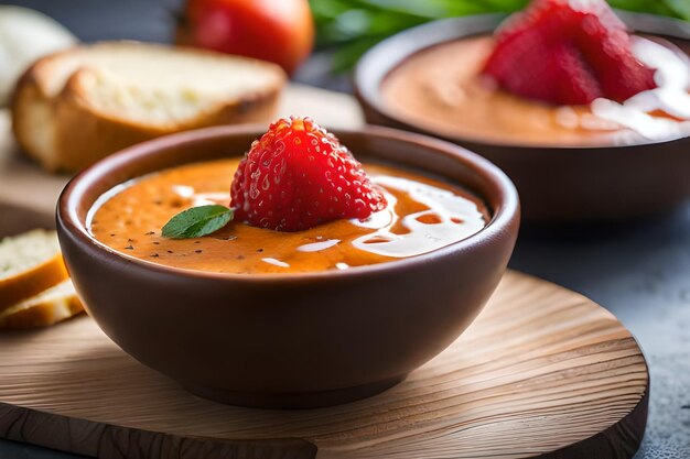 A bowl of soup with strawberries and a slice of bread on a wooden board