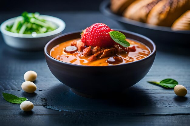 a bowl of soup with a strawberry and beans on the table