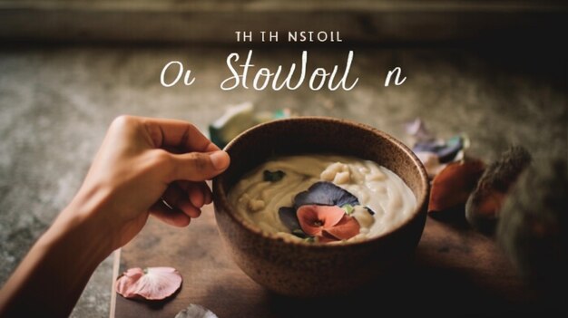 A bowl of soup with the title t tht stowu.