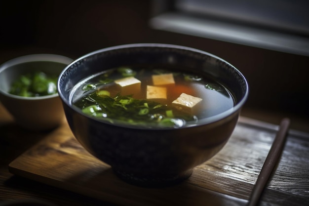 A bowl of soup with tofu and green onions.