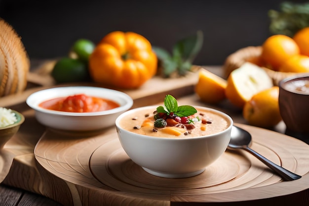 a bowl of soup with tomatoes and a bowl of soup on a wooden table.