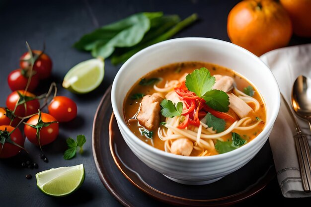 A bowl soup with tomatoes and limes on the side tom yum soup Ai generated