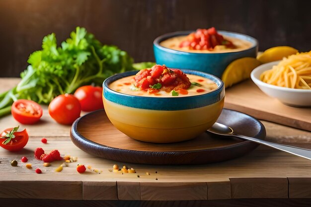 A bowl of soup with tomatoes and onions on a table.