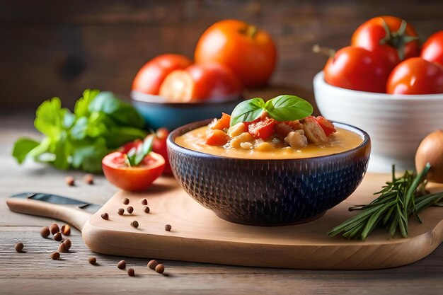 A bowl of soup with tomatoes and parsley on a cutting board.