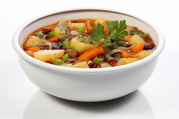 тарелка супа с овощами и мясом на белой поверхности, генеративный ай
