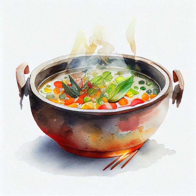 야채와 연기가 나오는 수프 한 그릇.